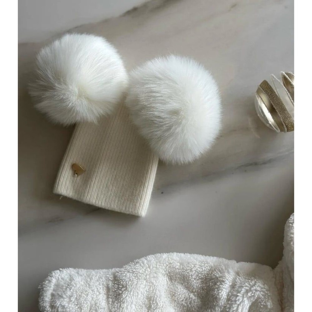MI LOVES SIGNATURE Angora Baby Double pompom hat White Kids Girl Fur Beanie